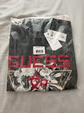 GUESS Black Short Sleeve Tee with Red Embroidered Logo